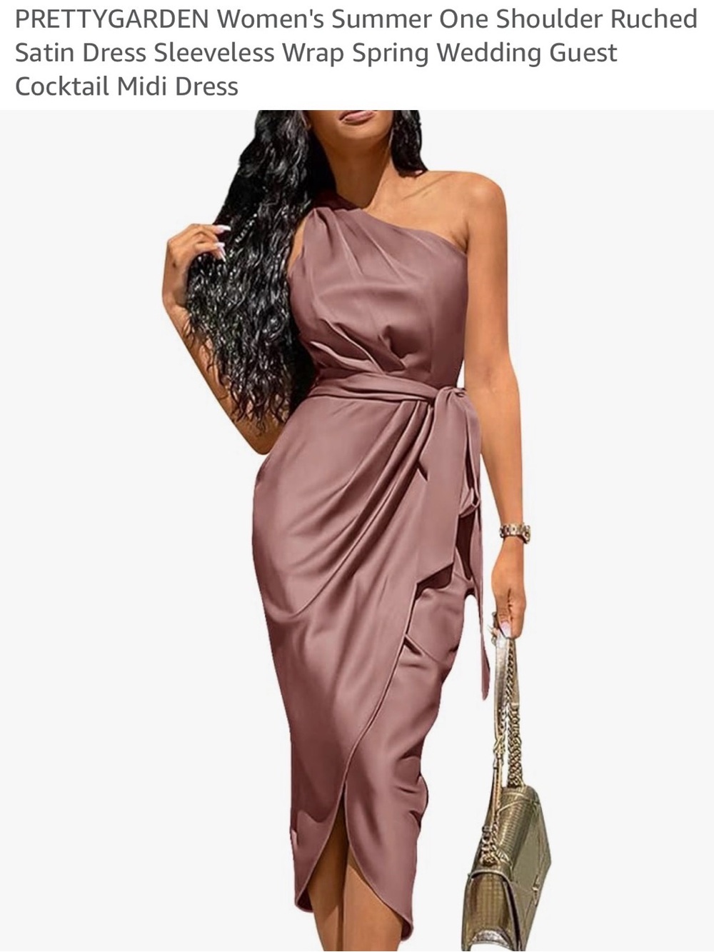 One-Shoulder Satin Wrap Midi Dress in Mauve